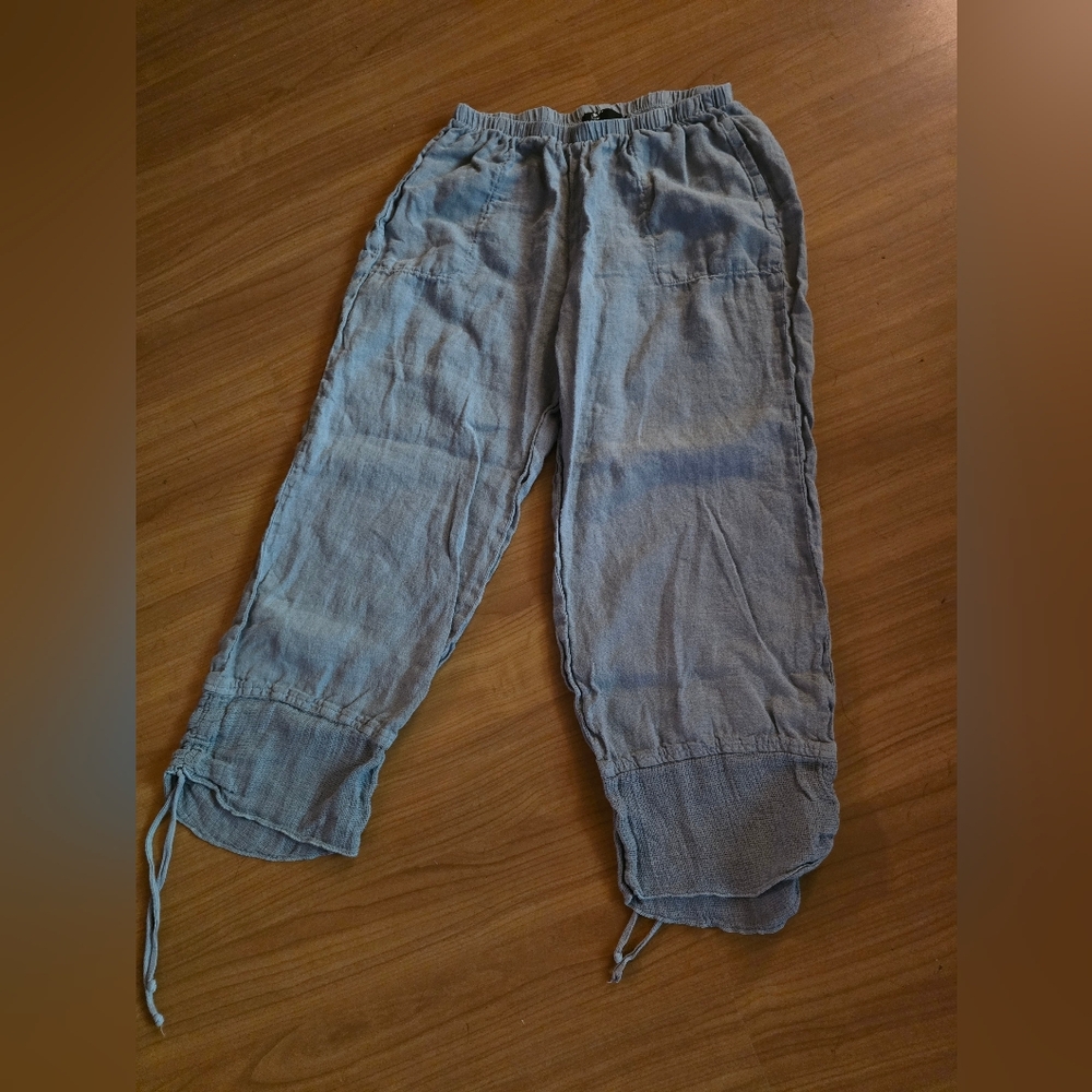 Fenini Small Casual Gray Drawstring Linen Pants